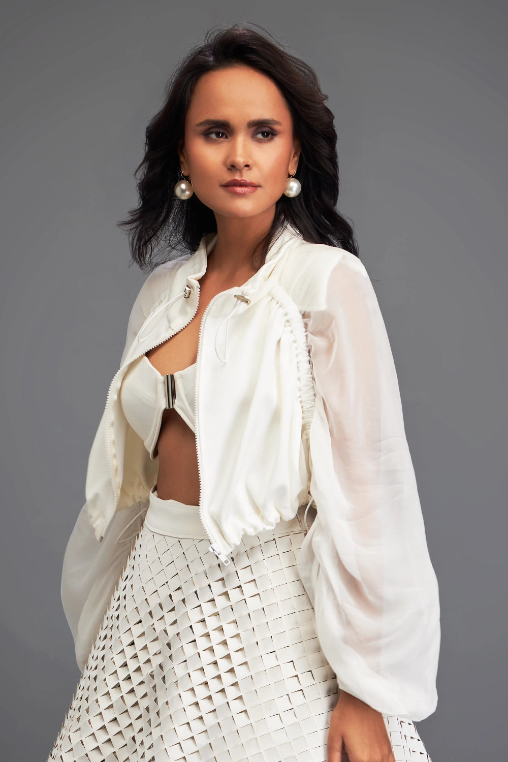Cropped Bomber White Jacket with Sheer Sleeves
