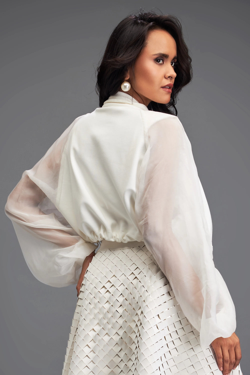 Cropped Bomber White Jacket with Sheer Sleeves