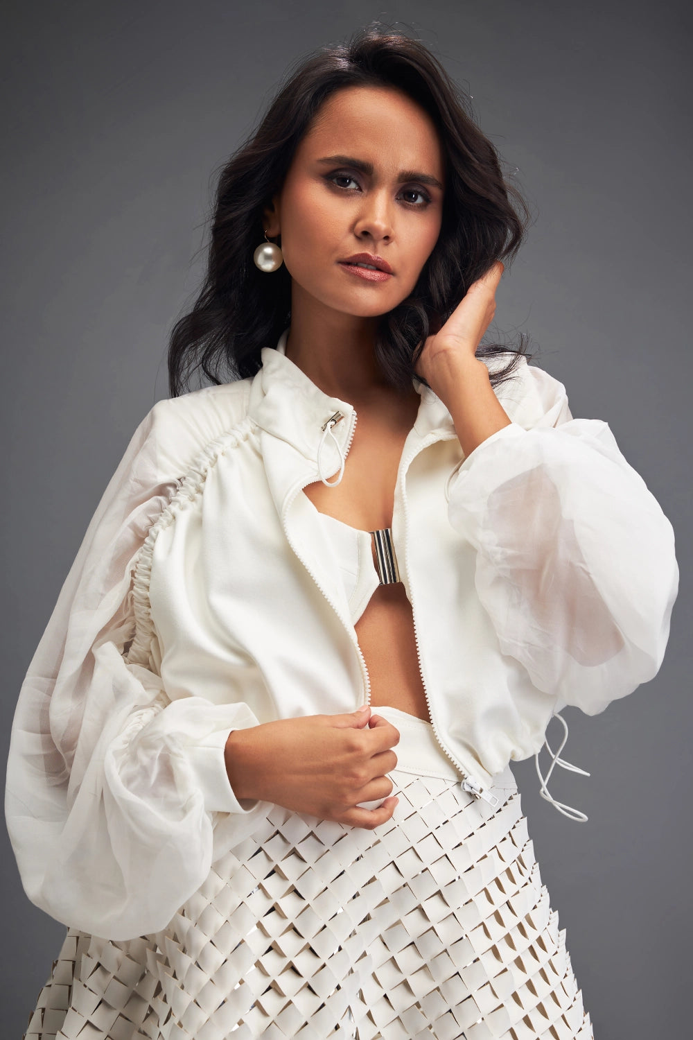 Cropped Bomber White Jacket with Sheer Sleeves