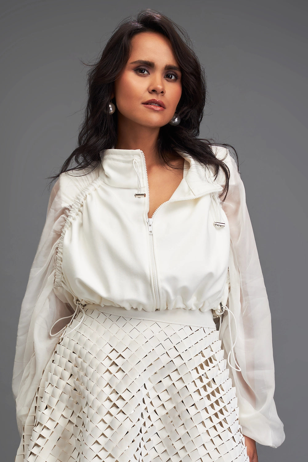 Cropped Bomber White Jacket with Sheer Sleeves