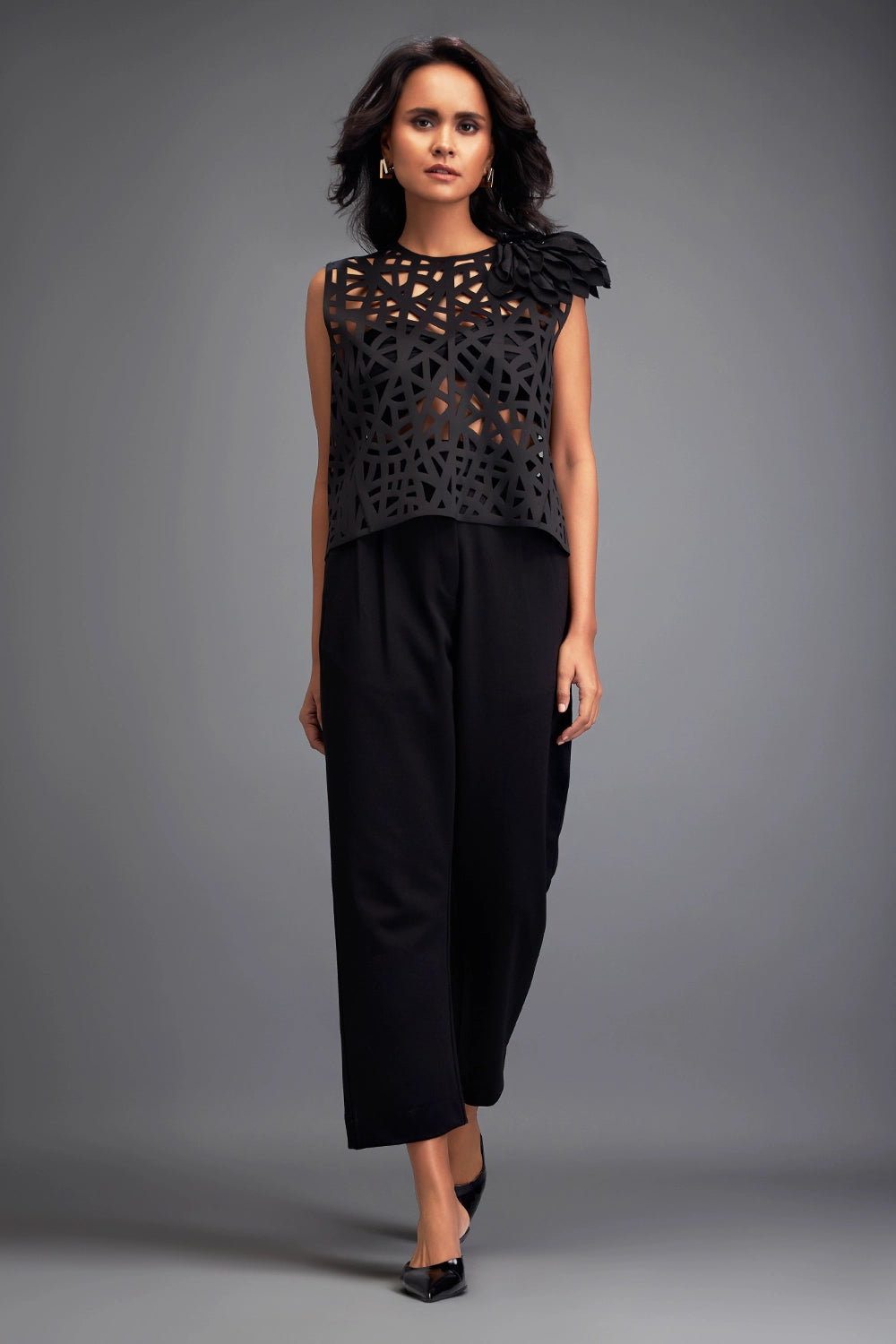 Black Geometric Cutout Crop Top with Pants