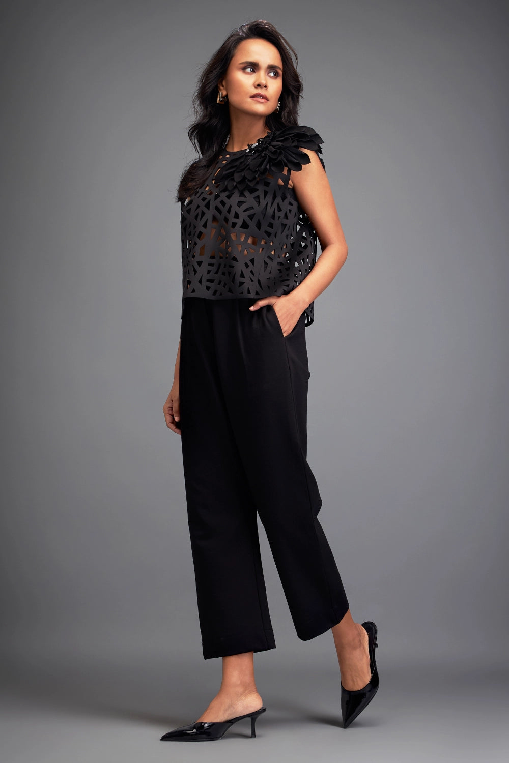 Black Geometric Cutout Crop Top with Pants