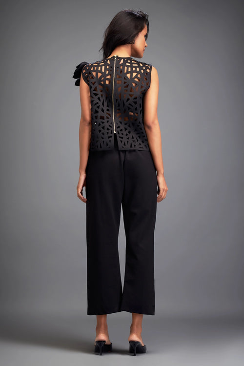Black Geometric Cutout Crop Top with Pants