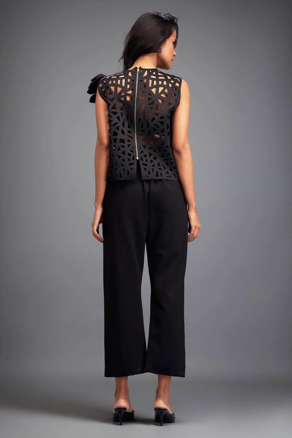 Black Geometric Cutout Crop Top with Pants