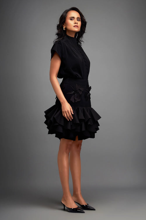 Black Structured Blouse with Ruffled Skirt