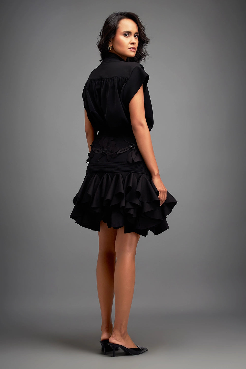 Black Structured Blouse with Ruffled Skirt