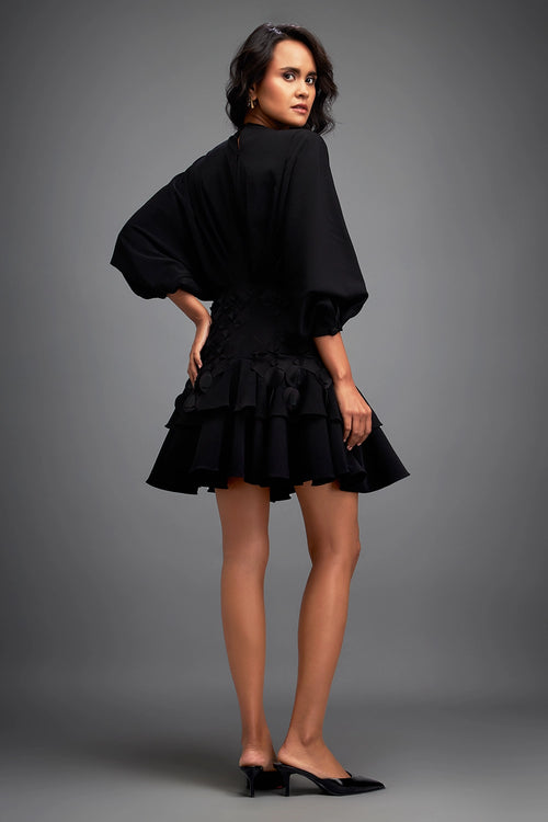 Black Voluminous Sleeved Dress with Applique Details