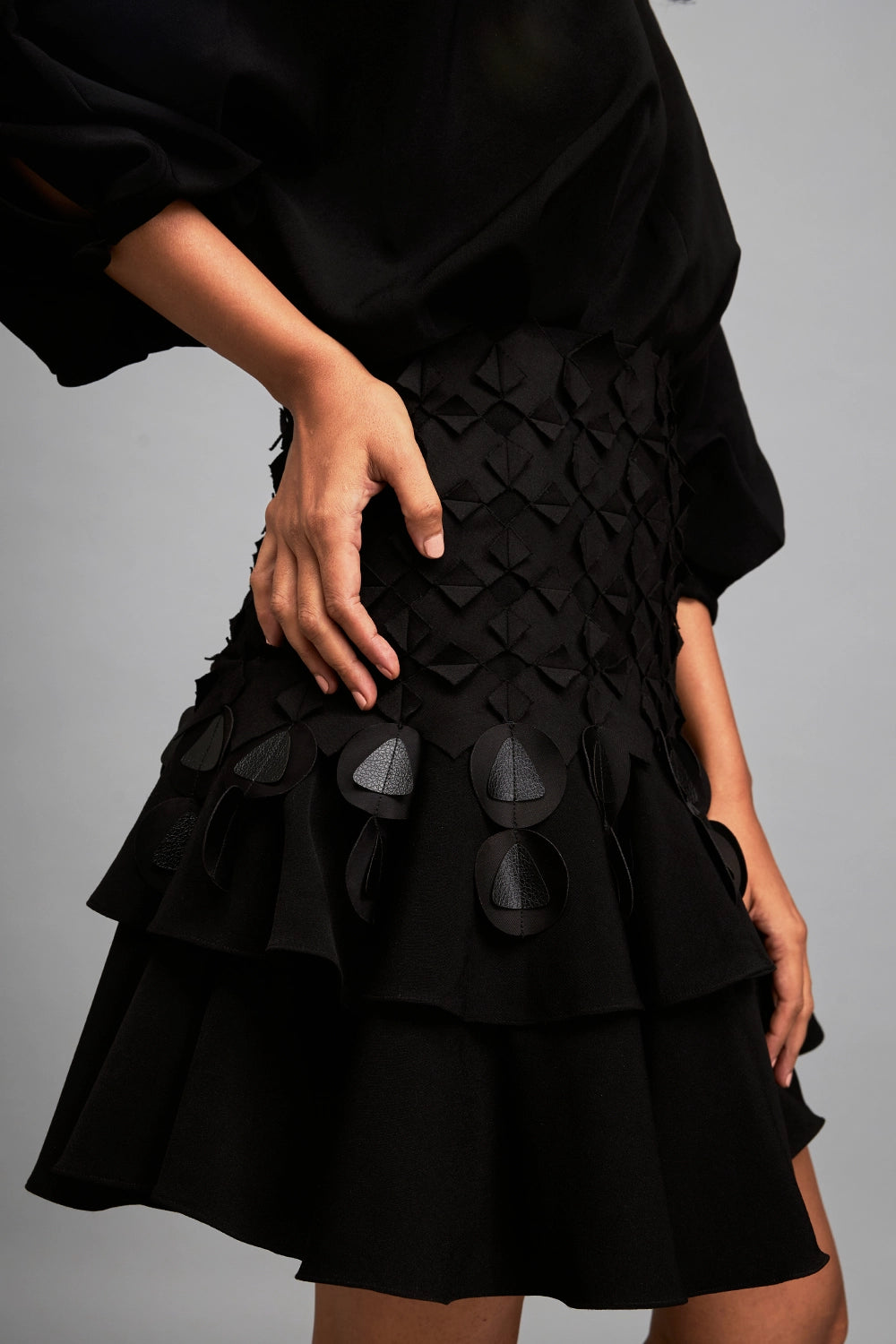 Black Voluminous Sleeved Dress with Applique Details