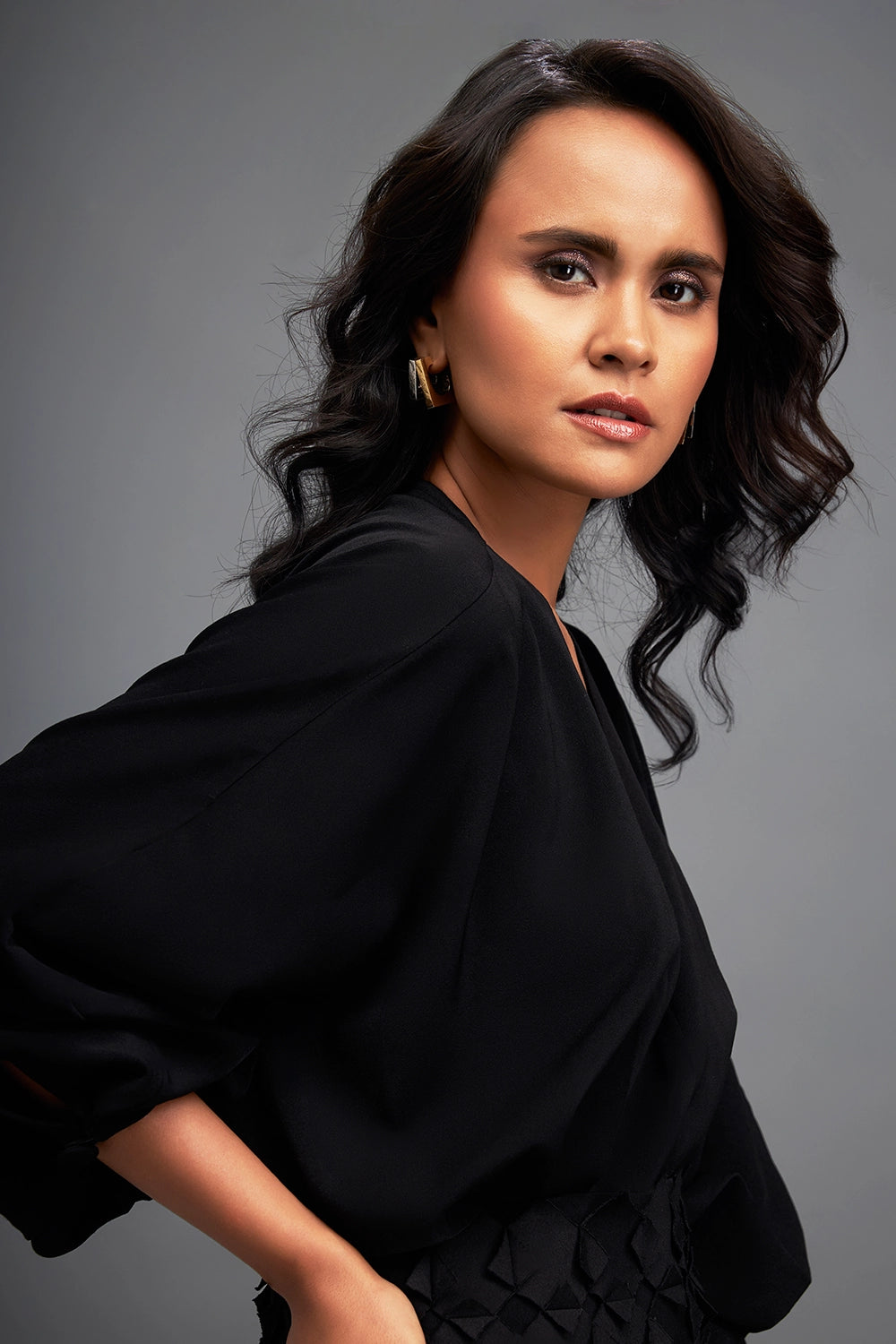 Black Voluminous Sleeved Dress with Applique Details