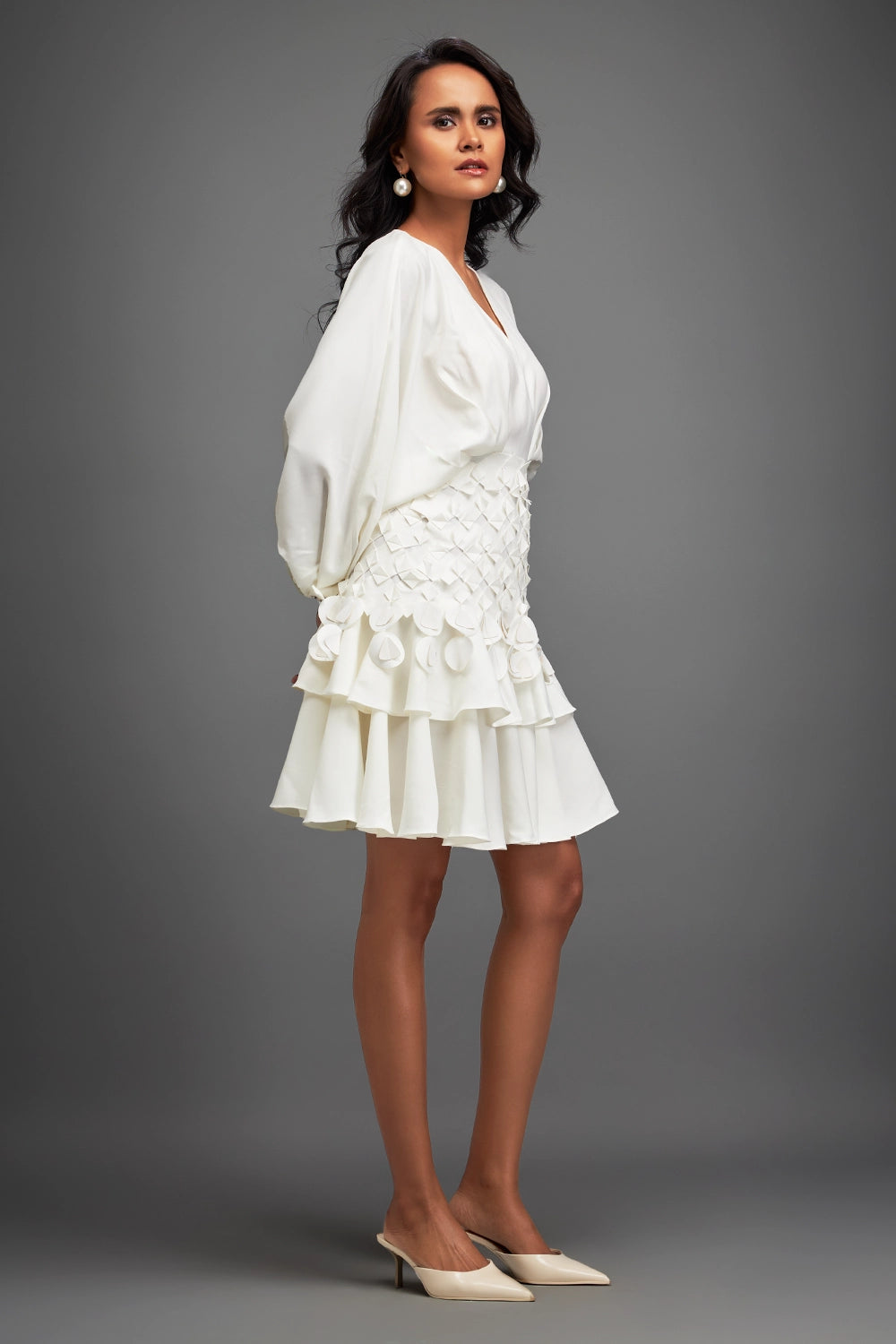 White Voluminous Sleeved Dress with Applique Details