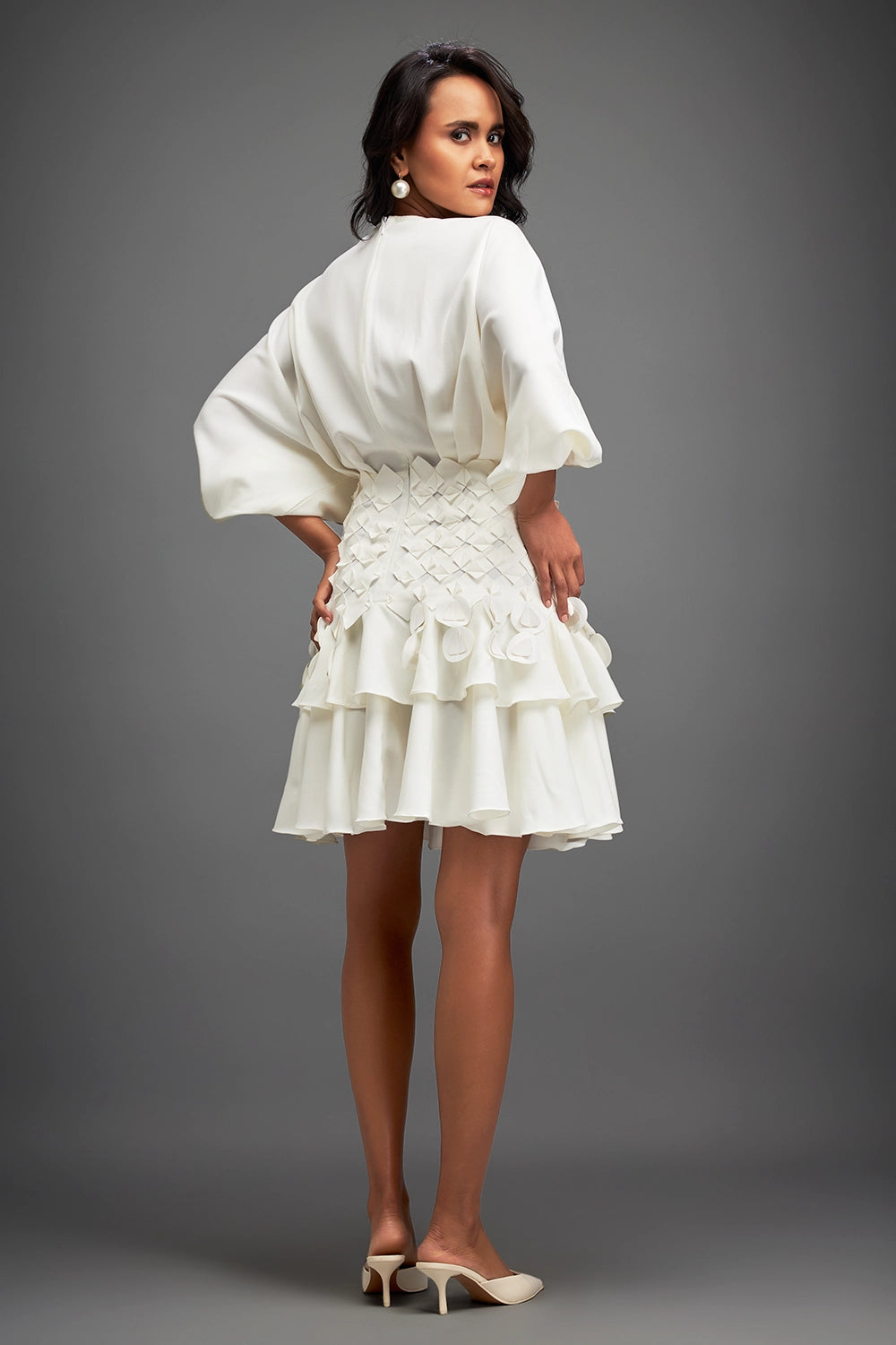 White Voluminous Sleeved Dress with Applique Details