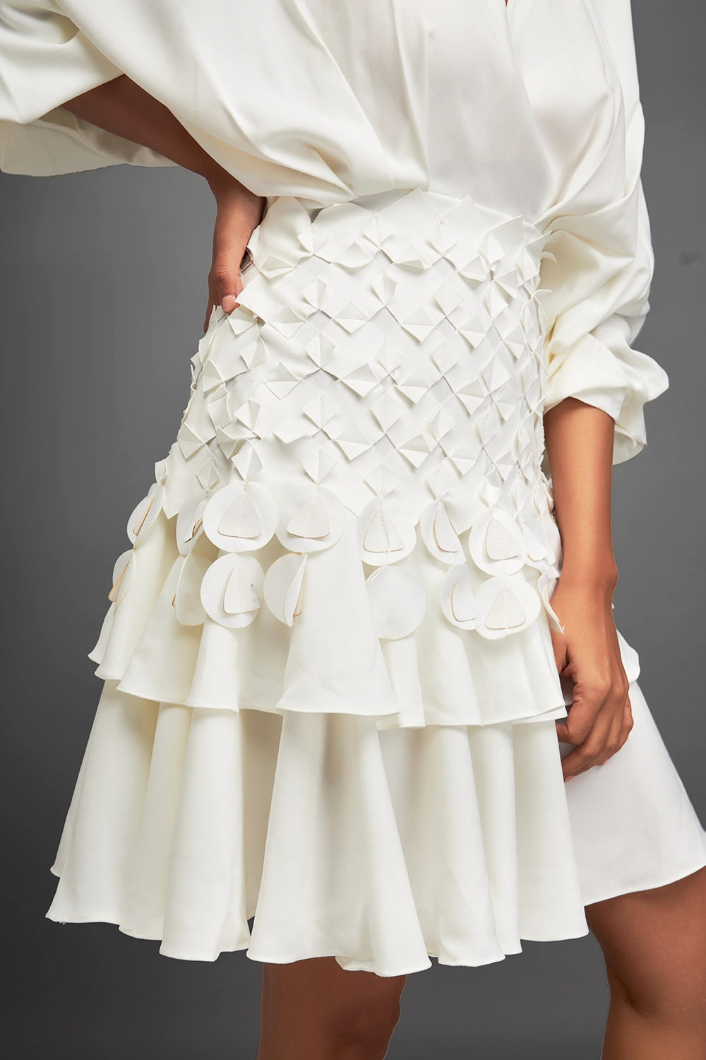 White Voluminous Sleeved Dress with Applique Details