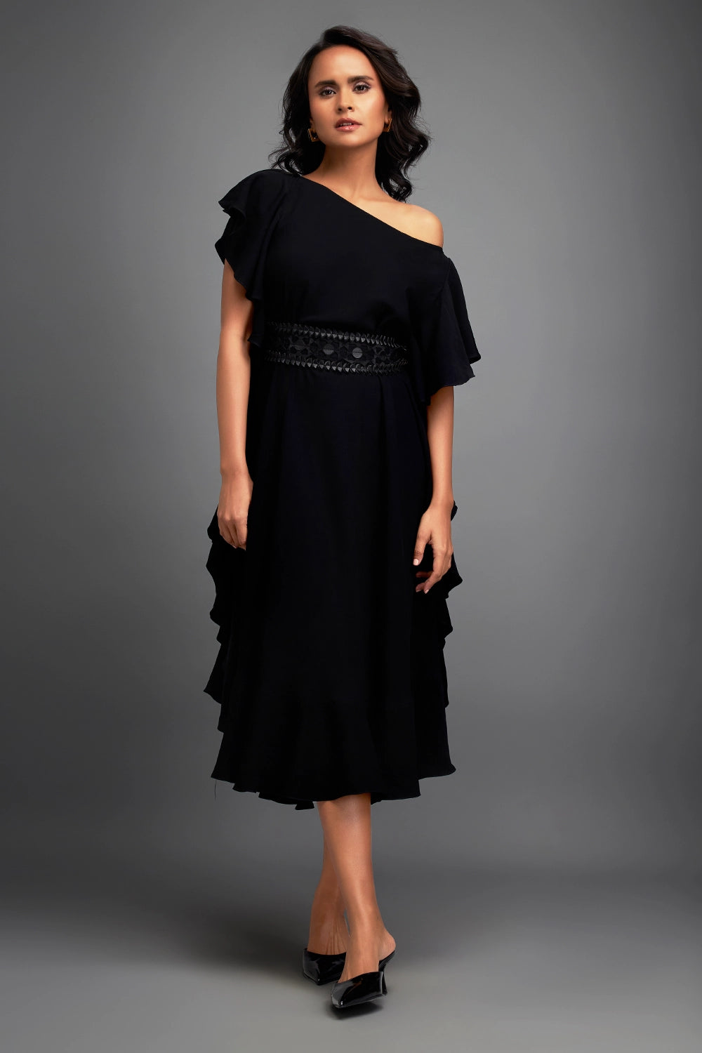 Black Asymmetrical Off Shoulder Dress with Ruffles
