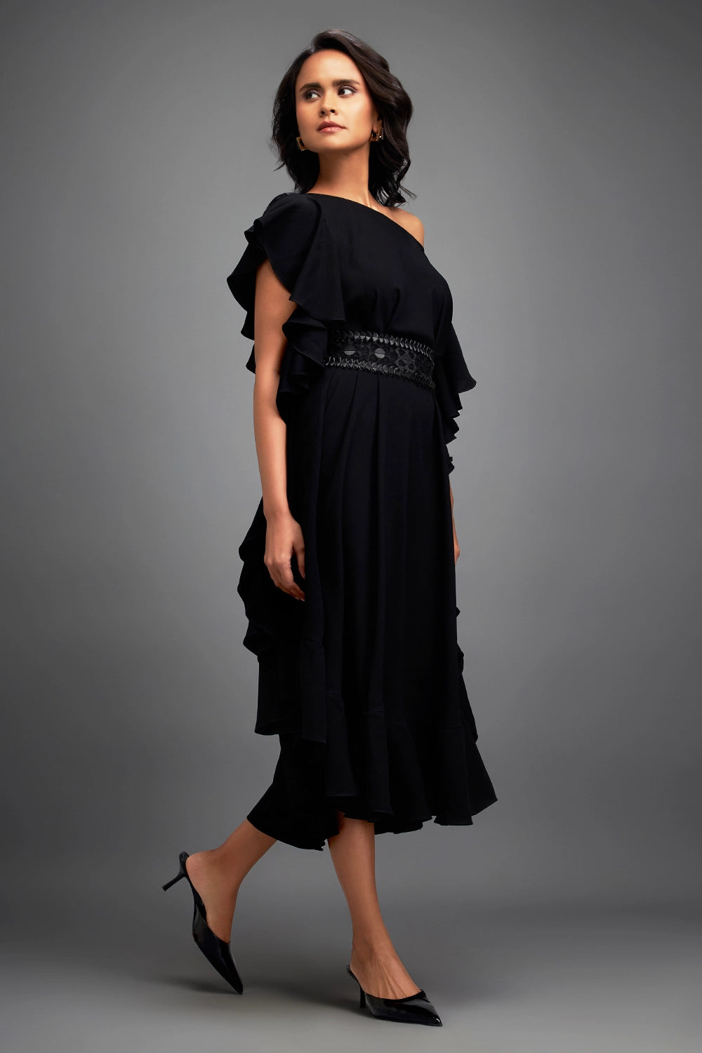 Black Asymmetrical Off Shoulder Dress with Ruffles