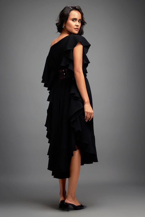 Black Asymmetrical Off Shoulder Dress with Ruffles