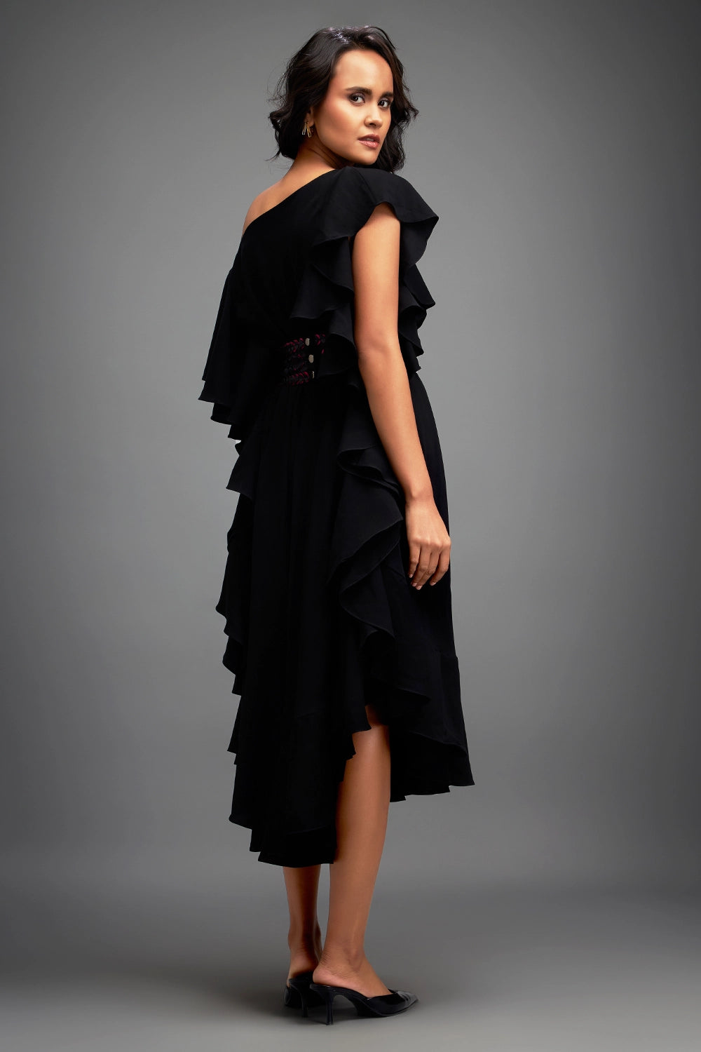 Black Asymmetrical Off Shoulder Dress with Ruffles