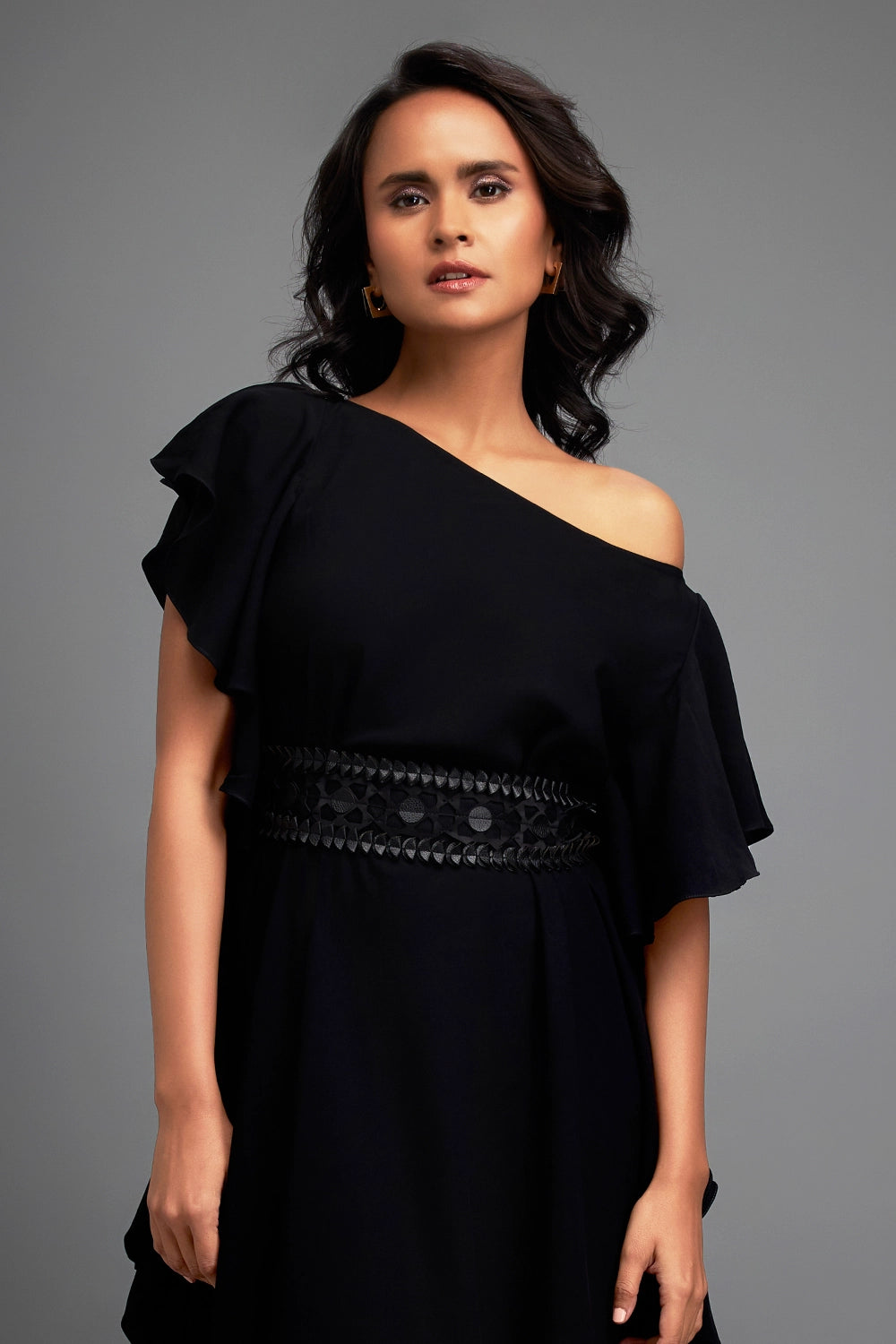 Black Asymmetrical Off Shoulder Dress with Ruffles