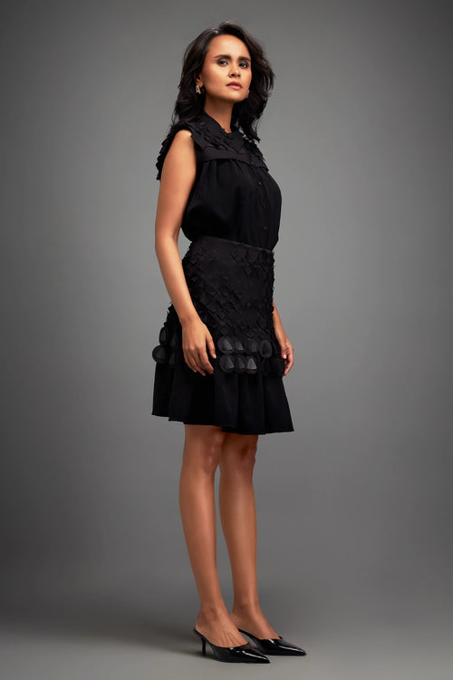 Black Sleeveless Buttoned Top with Applique Skirt