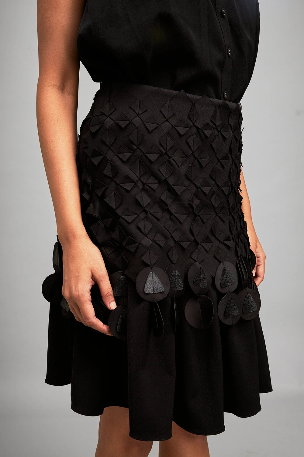 Black Sleeveless Buttoned Top with Applique Skirt