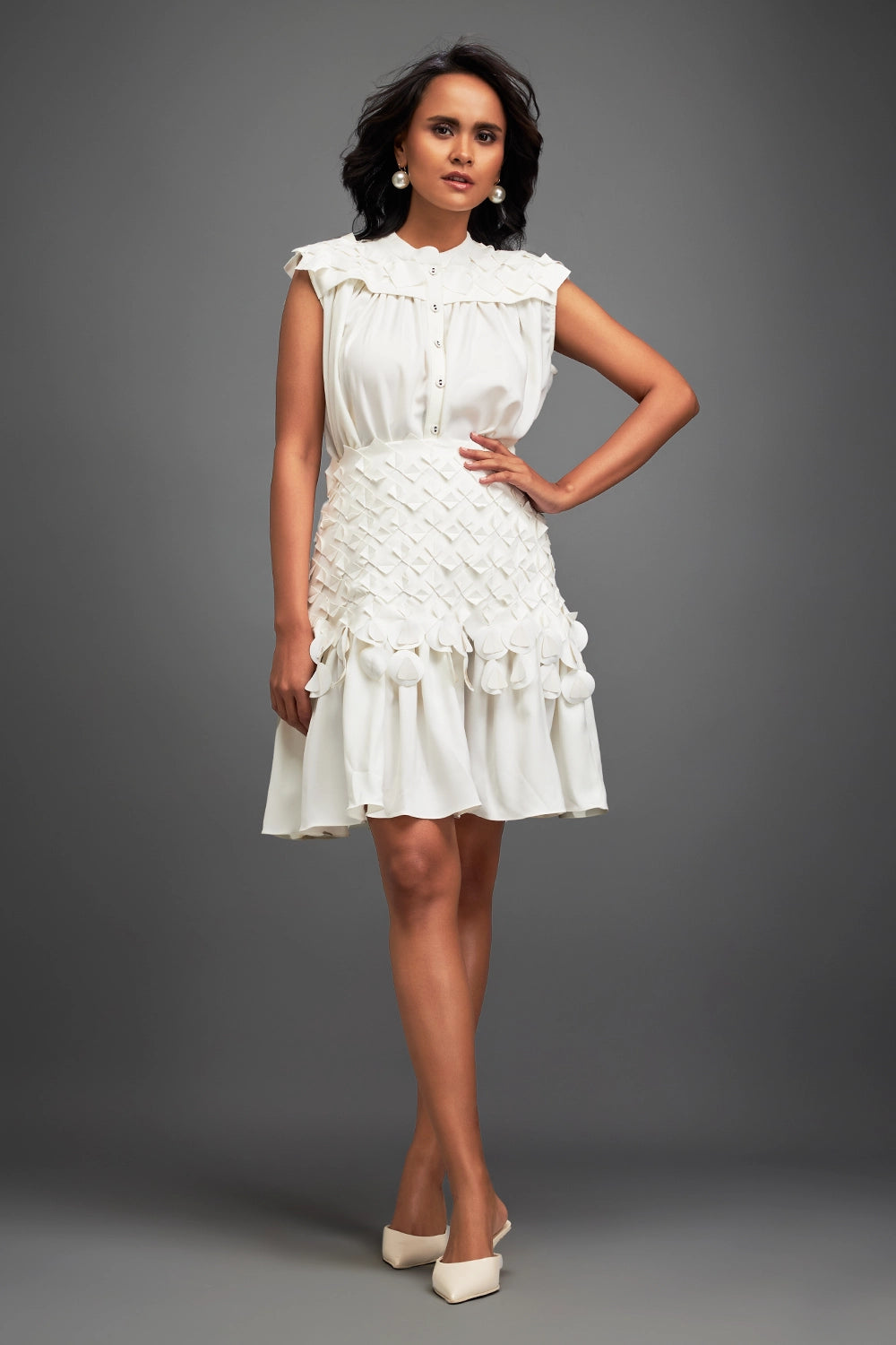 White Sleeveless Buttoned Top with Applique Skirt