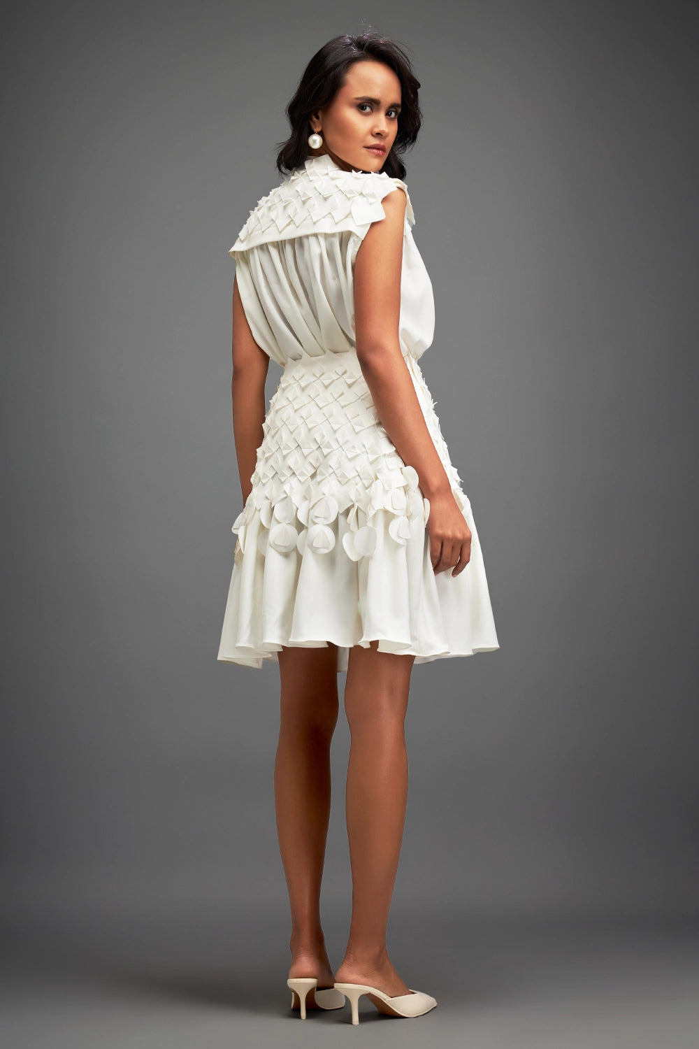 White Sleeveless Buttoned Top with Applique Skirt