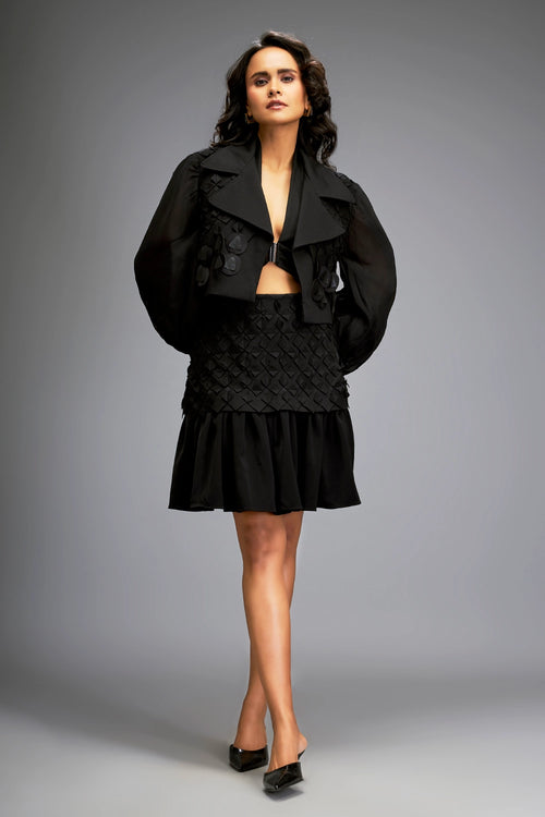 Black Structured Jacket and 3D Embellishment Skirt