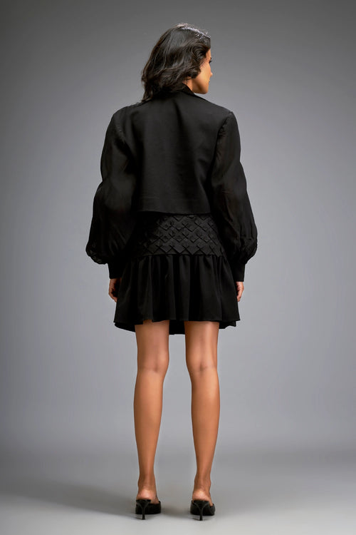 Black Structured Jacket and 3D Embellishment Skirt