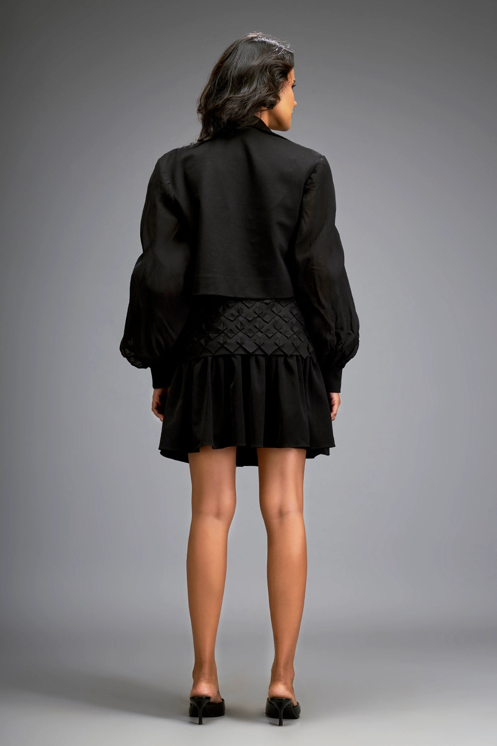 Black Structured Jacket and 3D Embellishment Skirt