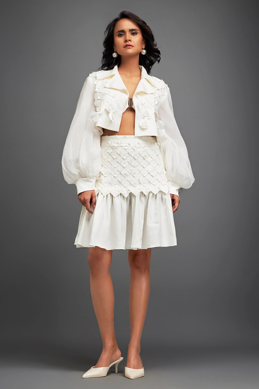 White Structured Jacket and 3D Embellishment Skirt