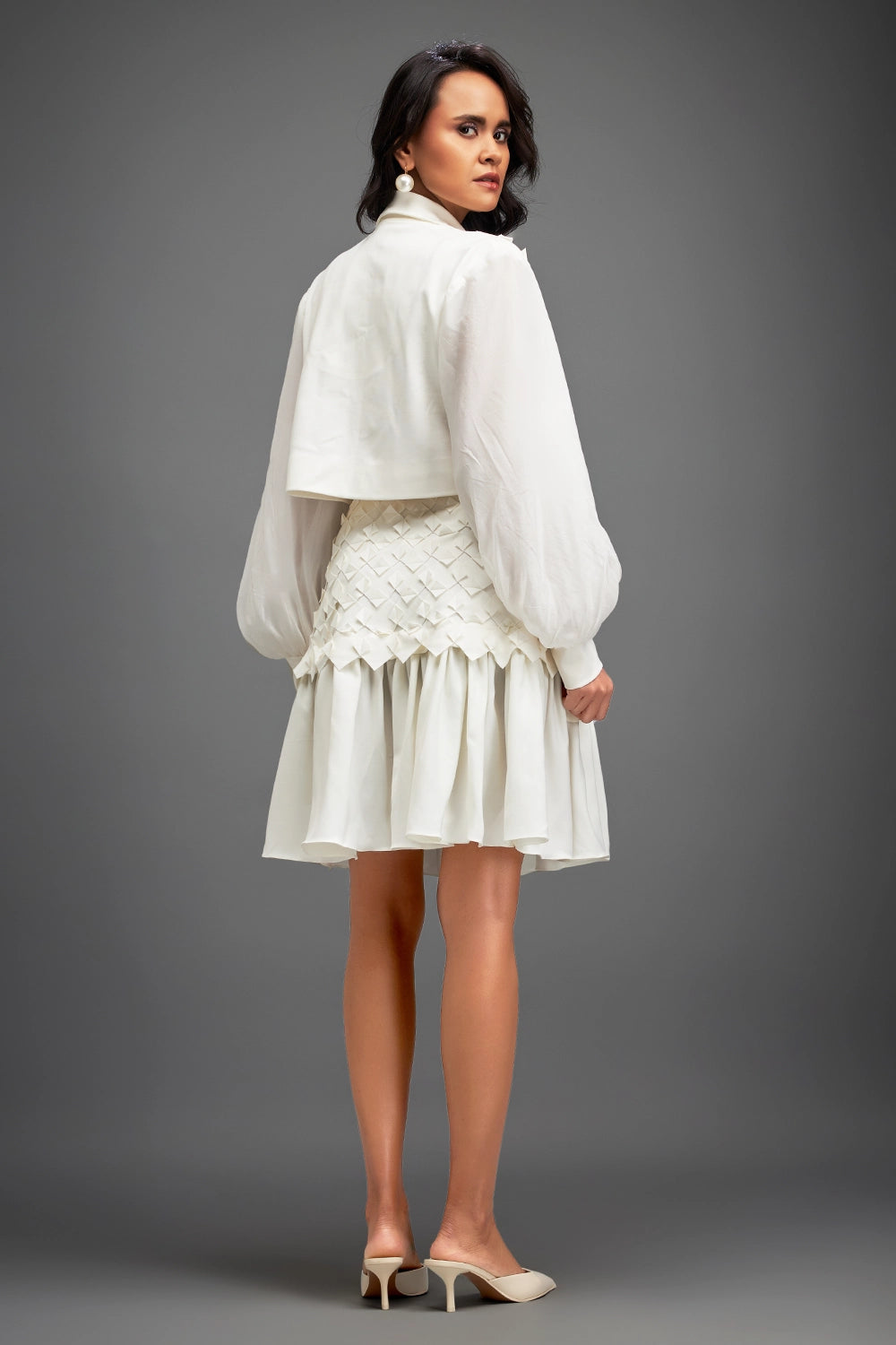 White Structured Jacket and 3D Embellishment Skirt
