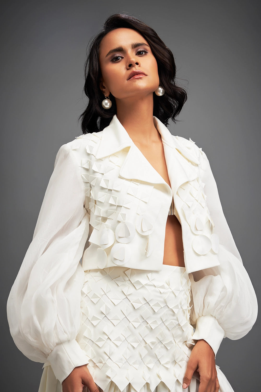 White Structured Jacket and 3D Embellishment Skirt