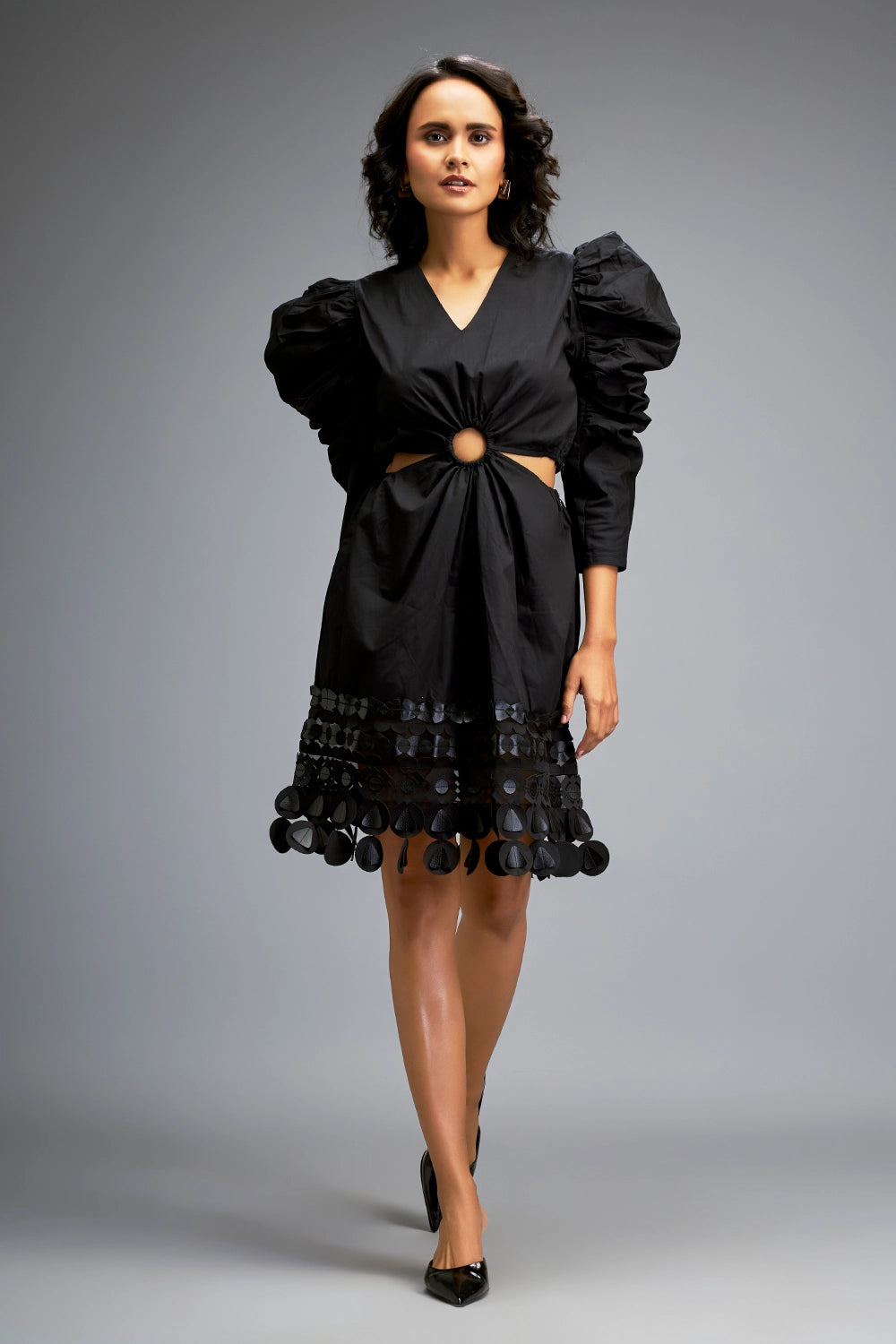 Black Structured Dress with Bold Puff Sleeves