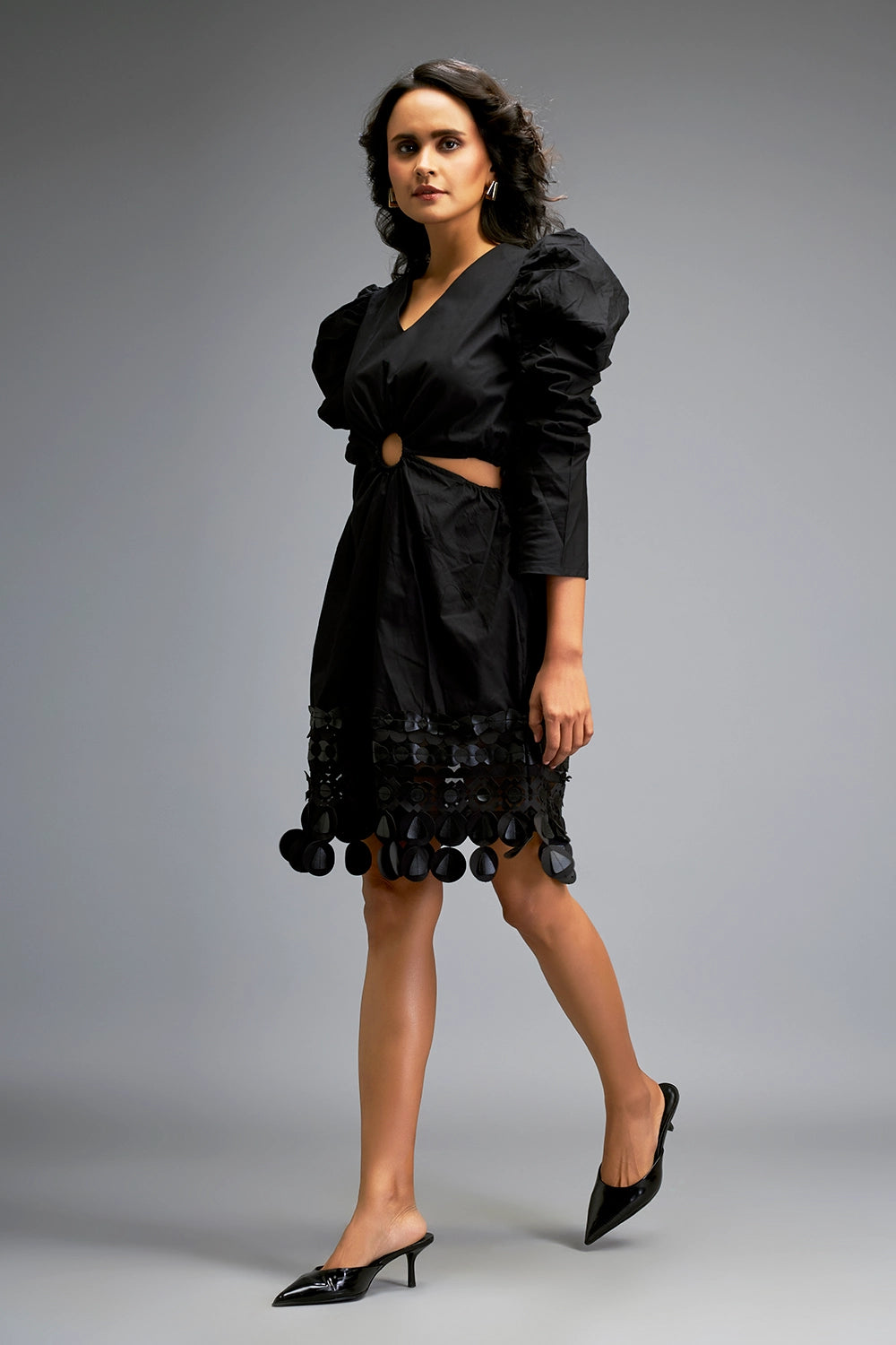 Black Structured Dress with Bold Puff Sleeves