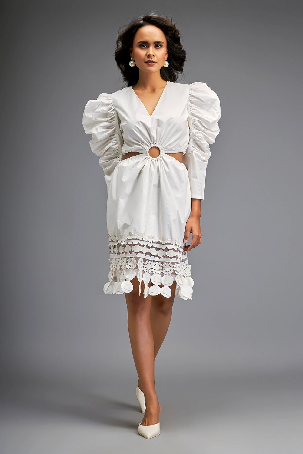 White Structured Dress with Bold Puff Sleeves