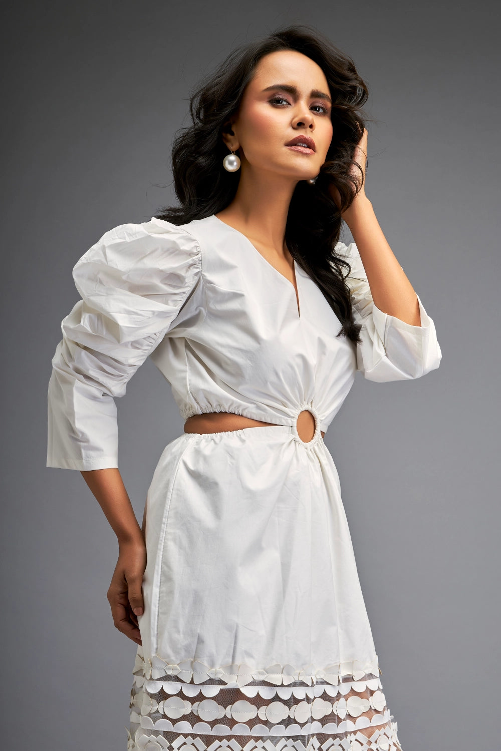 White Structured Dress with Bold Puff Sleeves