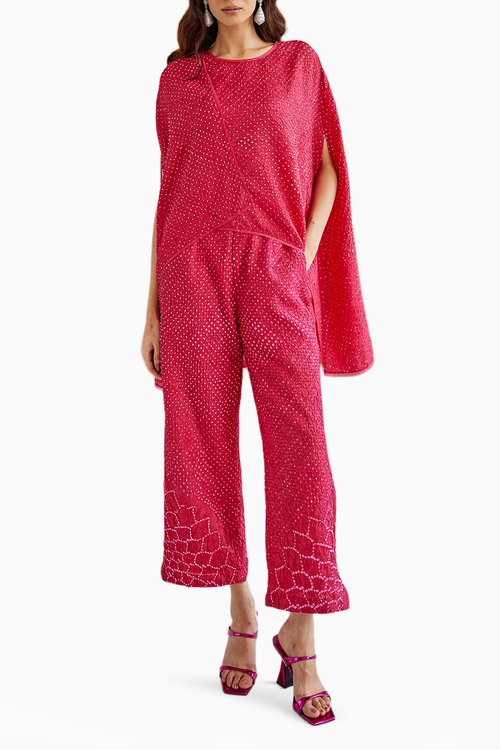 Pink Bandhani Wrap Over top with Slit Plazzos