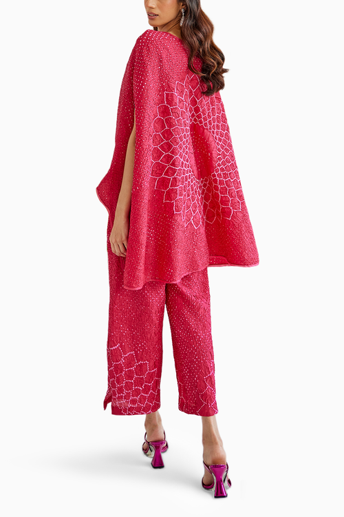 Pink Bandhani Wrap Over top with Slit Plazzos