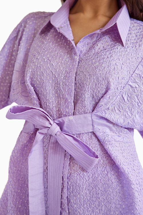 Lavender Bandhani Knotted Shirt with Tulip Pants