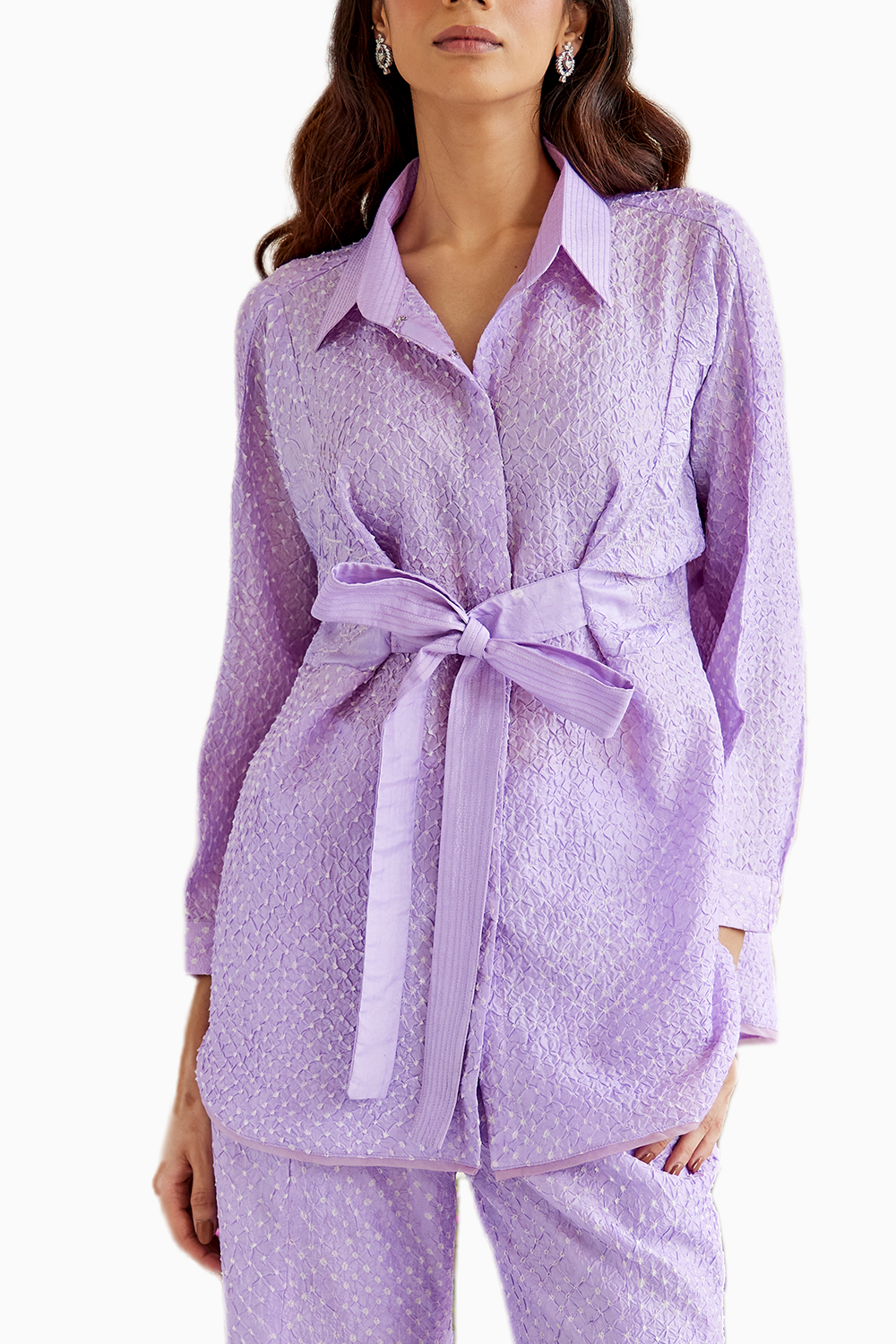 Lavender Bandhani Knotted Shirt with Tulip Pants