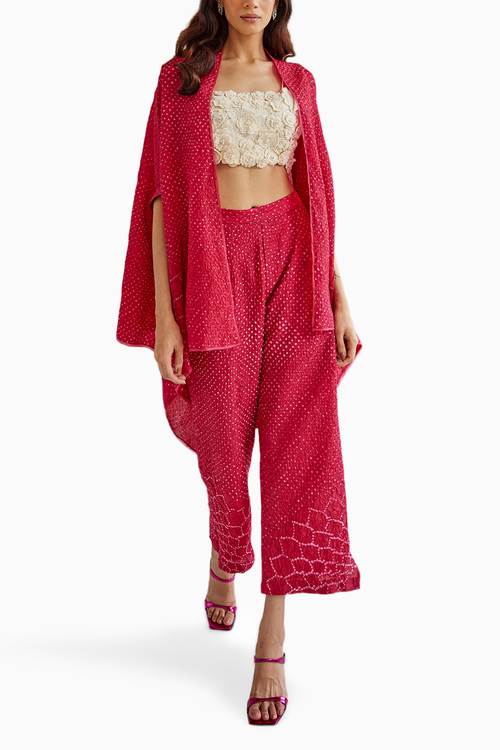 Pink Bandhani Cape with Pants Set