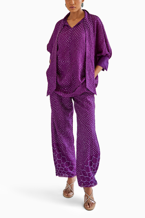 Purple Bandhani Tie Shirt with Palazzo