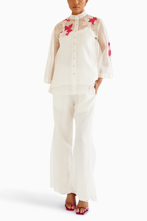 White Organza Applique Hi-Neck Shirt with Pants