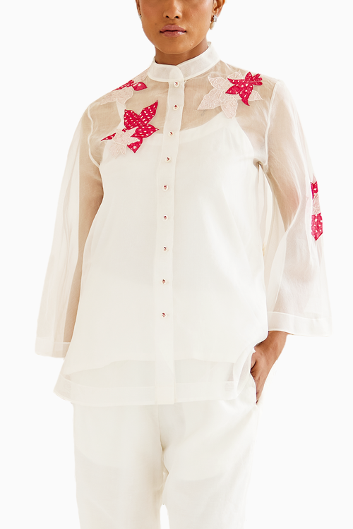 White Organza Applique Hi-Neck Shirt with Pants