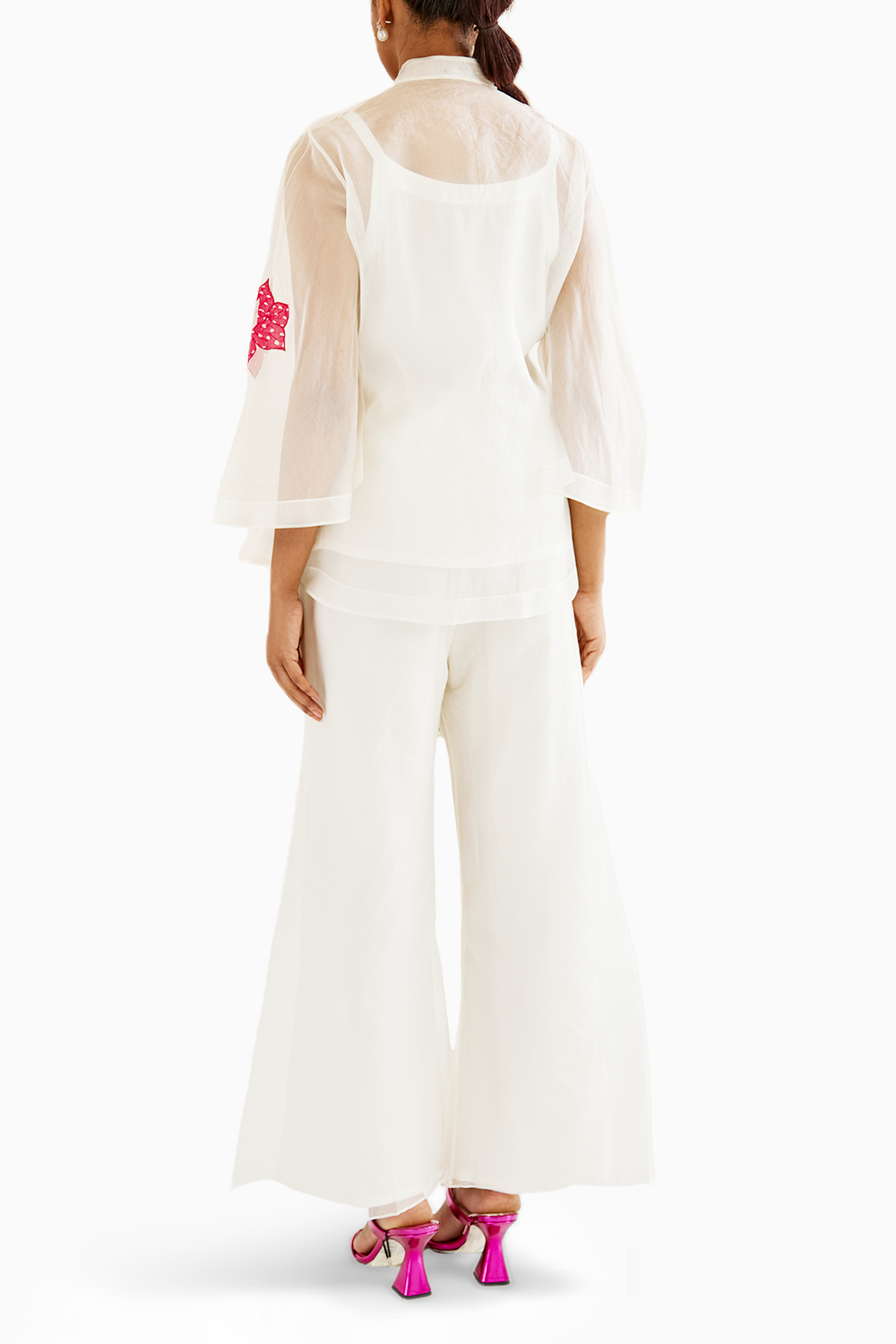 White Organza Applique Hi-Neck Shirt with Pants