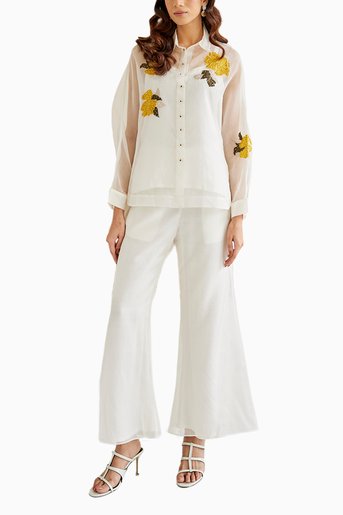White Organza Applique Collar Shirt with Pants