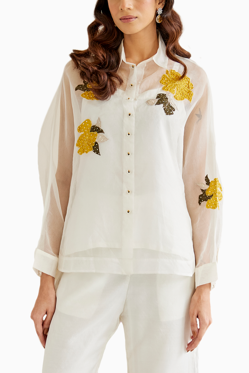 White Organza Applique Collar Shirt with Pants