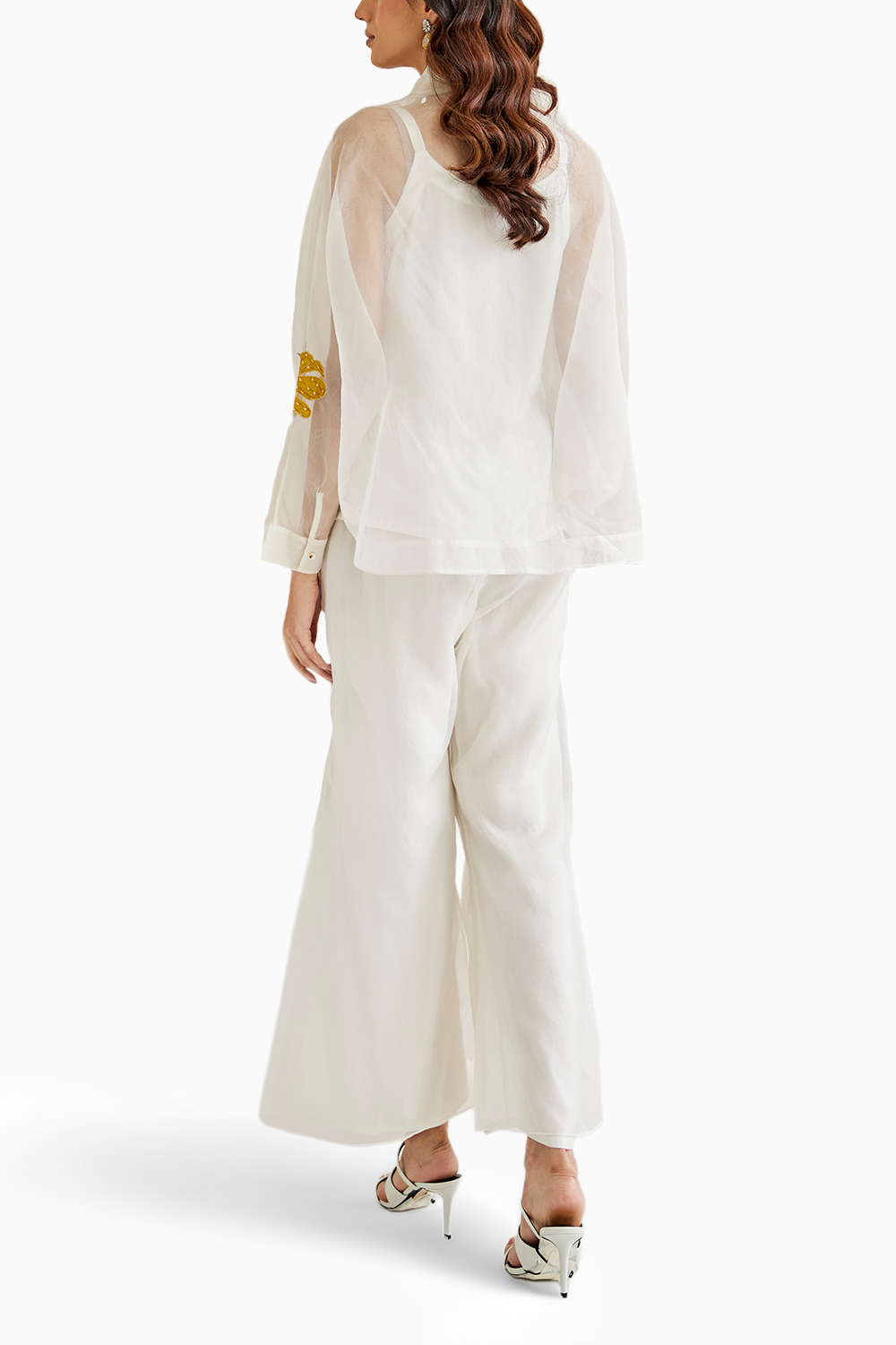 White Organza Applique Collar Shirt with Pants