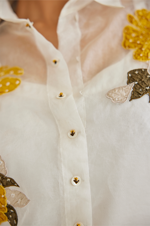 White Organza Applique Collar Shirt with Pants