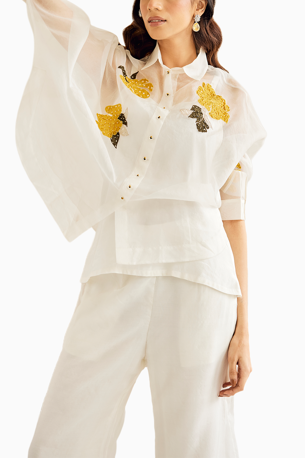 White Organza Applique Collar Shirt with Pants