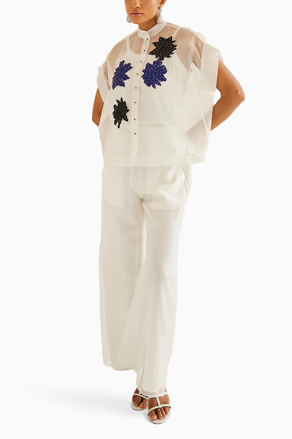 White Organza Applique Cap Sleeves Top with Pants